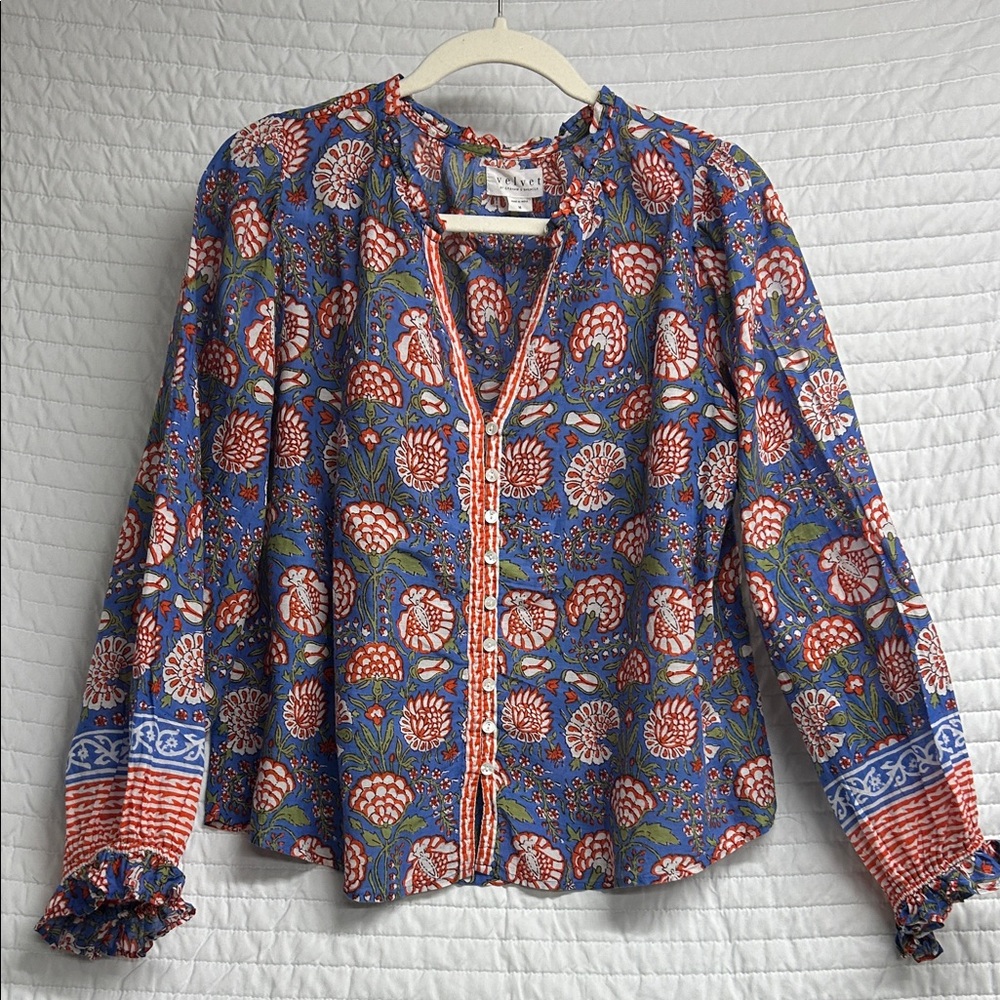 Velvet by Graham & Spencer Marcella Floral Blue and Orange Blouse